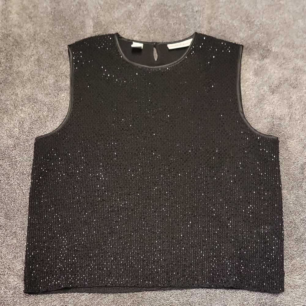Valerie Stevens 100% Merino Wool Black Sleeveless Beaded Top With Keyhole Detail